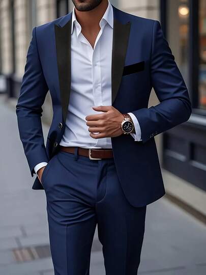 2pcs Men's Formal Wedding Party Casual Business Suit Jacket + Classic Pants, Elegant Solid Color Groom Outfit Suit Set Suitable For Business Gatherings