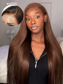 13x4 Chocolate Brown Long Straight Lace Frontal Wigs For Women Transparent HD Lace Front Pre Plucked 180% Density Short Bob Straight Hair Heat Resistant Synthetic Mixed Human Blended Hair Wig Baby Hair Around Brown 4# - Brown - View 7