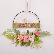 1 pieza Corona floral artificial, corona de aro floral de primavera/verano, corona circular de hierro con flores y hojas artificiales, decoración de bienvenida para pared, puerta, ventana, decoración del hogar, adorno colgante para boda - Multicolor - Ver 32
