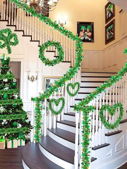 2pcs St. Patrick's Day Metal Wire Wreaths, Green With Clover Shapes, 78.74in Clover Green And Gold Metal Plastic Wreath, Suitable For Irish Holiday Party Fireplace, Background Staircase Indoor Outdoor Porch Ceiling Hanging Decor, No Electricity Or Feathers Required, Irish Holiday Gift Party Decor Photo Prop Wreath