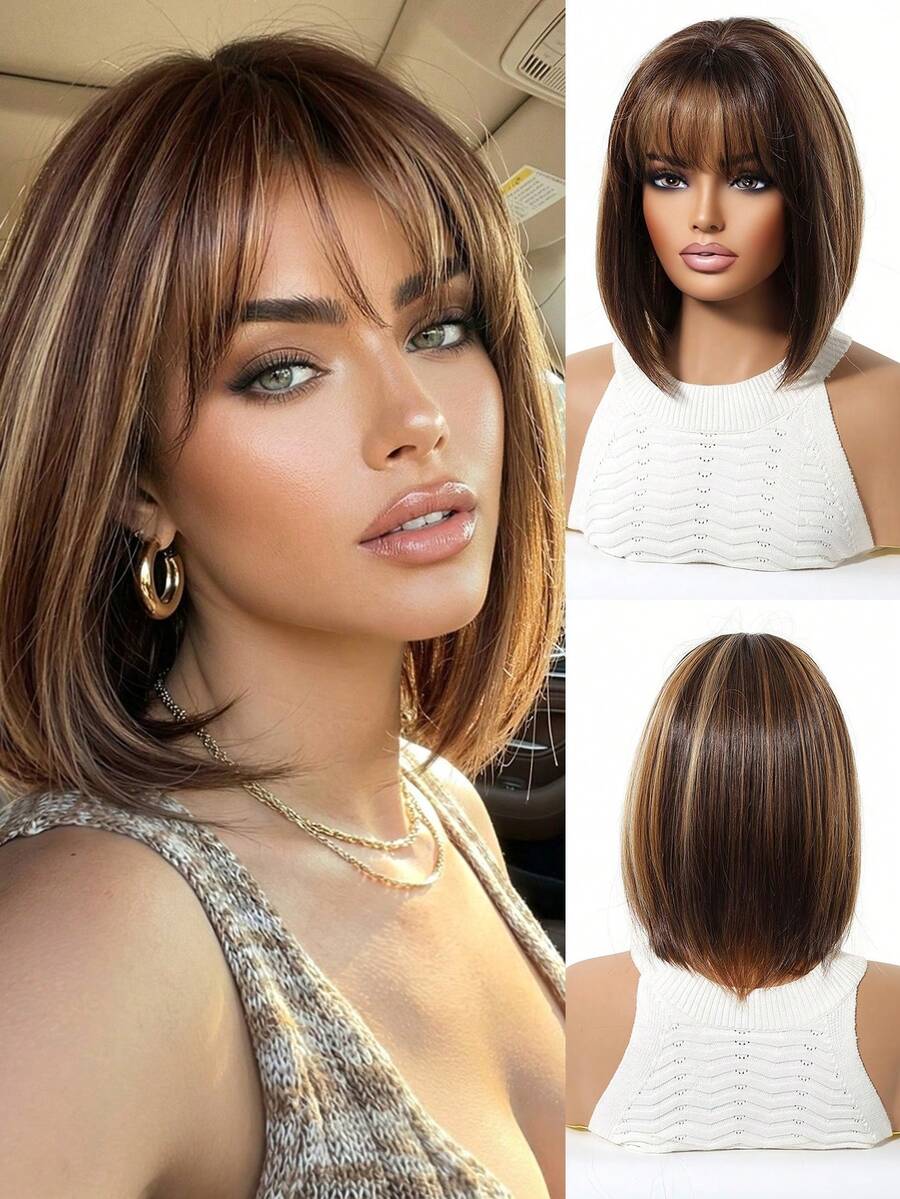12-Inch Multicolor Short Bob Wig With Bangs Is An Elegant And Fashionable Women's Wig. It Is A Heat-Resistant Synthetic Woven Wig Suitable For Festivals, Travels, Costume Parties, Family Gatherings, Role-Playing Actors, Weddings, And Daily Wear. It Is A Festival Gift For Women - 彩色 - 查看 1