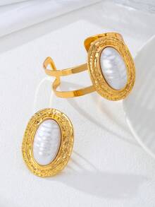 Bộ 2 món nhẫn và vòng tay đính ngọc trai lớn bằng kim loại sang trọng, thích hợp cho phụ nữ đeo hàng ngày. - Vàng - Xem 3