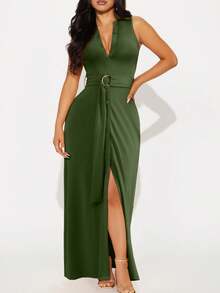 Women's Collared Button-Front Maxi| Deep-V Sleeveless High-Slit| Spring/Summer Cocktail Essential| Ruched-Waist Chiffon Flow| Wedding-Guest To Vacation Statement Dress - 軍綠色 - 查看 7