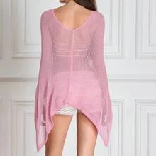 Womens Sheer Blouse Top Knit Lightweight Shrug Sweater Poncho Y2K Sheer See Through Knit Poncho Asymmetric Shrug Bolero Beach Cover Up Tops Pullover Crochet Shawls - 淺粉色 - 查看 8