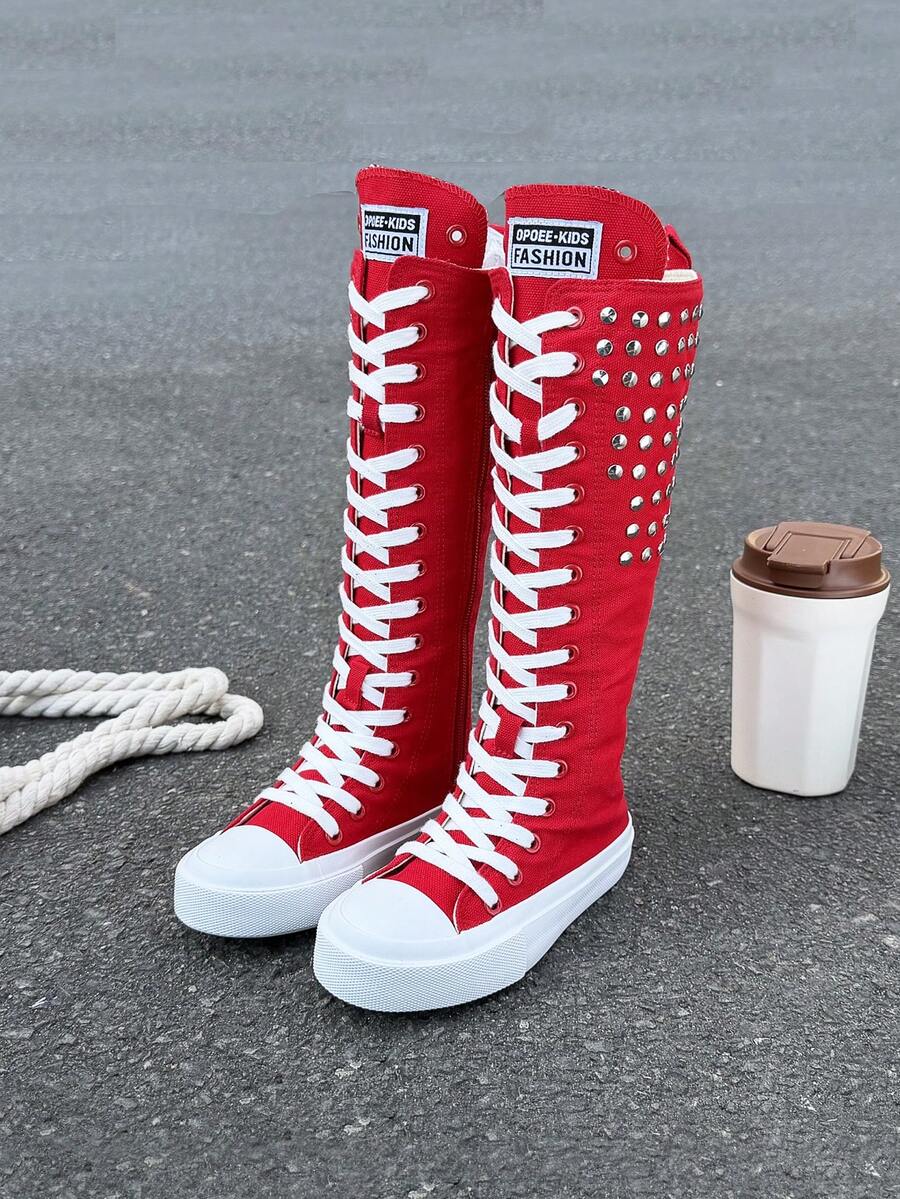 OPOEE Children Long Shaft Canvas Shoes, Lace‑Up Knee‑High Boots With Inner Zipper, Comfort Wear‑Resistant Sole For Little Girls Riveted Canvas Shoes Street - Red - View 1