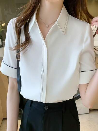 Women's Elegant White Satin Blouse, Short Sleeve Loose Design Fashionable Chic Shirt Top, Professional Women's Wear, Quality Satin Fabric, High-End Style, Suitable For Office Or Formal Occasions, All Seasons