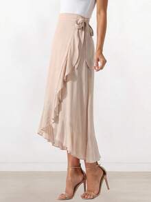 Women's Flowy Wrap Midi Skirt With Tie Waist And Split Hem, Lightweight Casual Summer Beach Skirt For Holiday - 米色 - 查看 5
