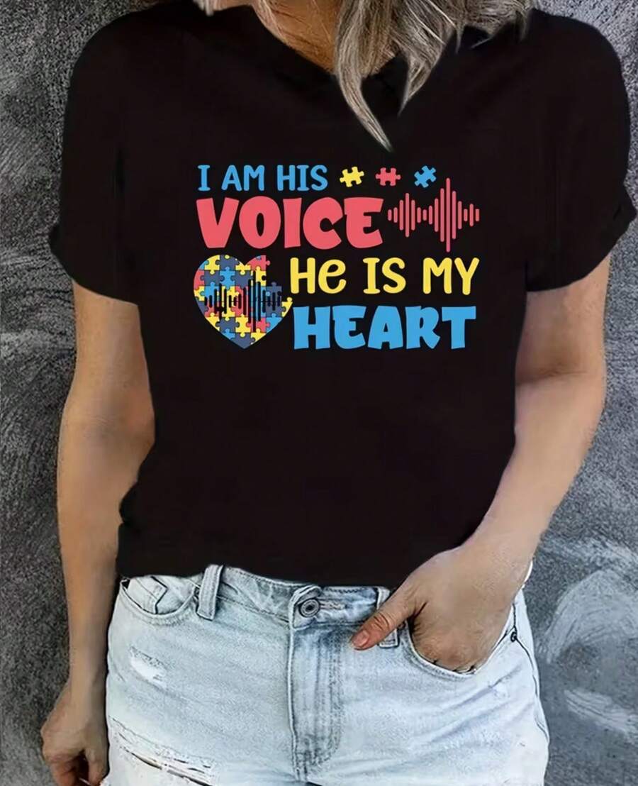 Letter & Heart Graphic Short Sleeves Casual Tops, Fashion Round Neck Sports T-Shirts, Women's Activewear - 黑色 - 查看 1