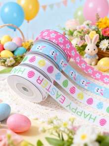 1条复活节涤纶箔丝带，复活节祝福丝带，带有兔子、花卉、文字和复活节彩蛋图案，适合复活节礼物包装、家居复活节装饰、复活节派对礼品、春季派对装饰、复活节彩蛋寻宝派对礼物。