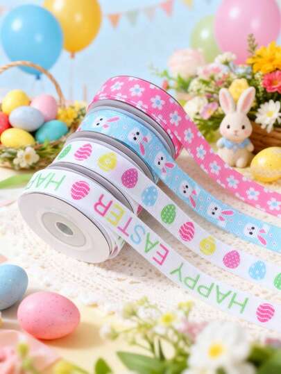 1条复活节涤纶箔丝带，复活节祝福丝带，带有兔子、花卉、文字和复活节彩蛋图案，适合复活节礼物包装、家居复活节装饰、复活节派对礼品、春季派对装饰、复活节彩蛋寻宝派对礼物。