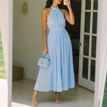 纯色优雅褶裥露背拉链婚纱派对夏季礼服 - 藍色 - 查看 3