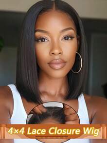 4x4 Straight Short Bob Wig Remy Human Hair Glueless Wigs Pre Cut Lace Closure Put And Go Wig Pre Plucked With Baby Hair Wigs 180% Density - Natural Black - View 2