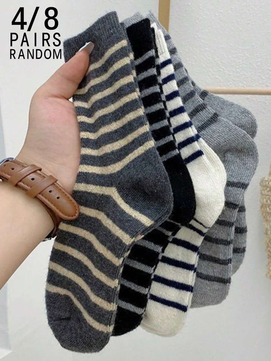 4/8 Pairs Women's Striped Fashion Comfortable Breathable Mid-Calf Socks - Multicolor - View 1