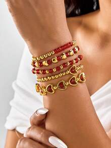 一套5件波西米亚风树脂心形水晶串珠手链，适合日常佩戴和节日佩戴，女士礼物 - 5條手鍊套裝 - 查看 1