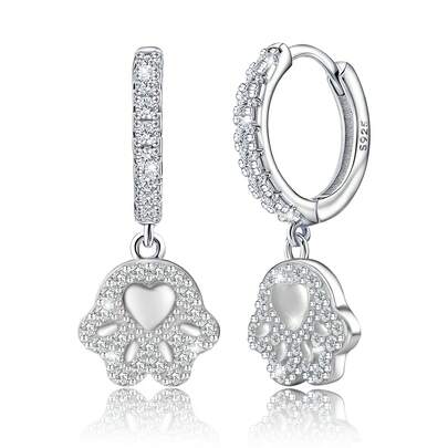 Bông tai bạc 925, đính đá Cubic Zirconia, họa tiết dấu chân động vật dễ thương và hình trái tim, thích hợp đeo hàng ngày, quà tặng sinh nhật.