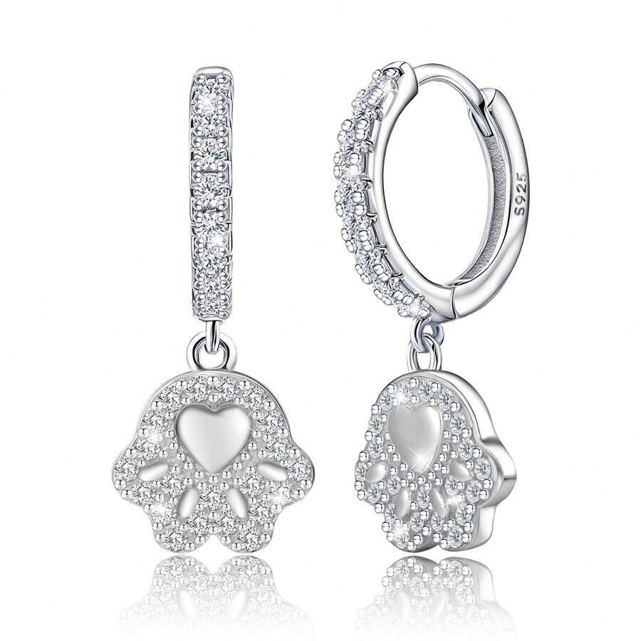 Bông tai bạc 925, đính đá Cubic Zirconia, họa tiết dấu chân động vật dễ thương và hình trái tim, thích hợp đeo hàng ngày, quà tặng sinh nhật. - Bạc - Xem 1