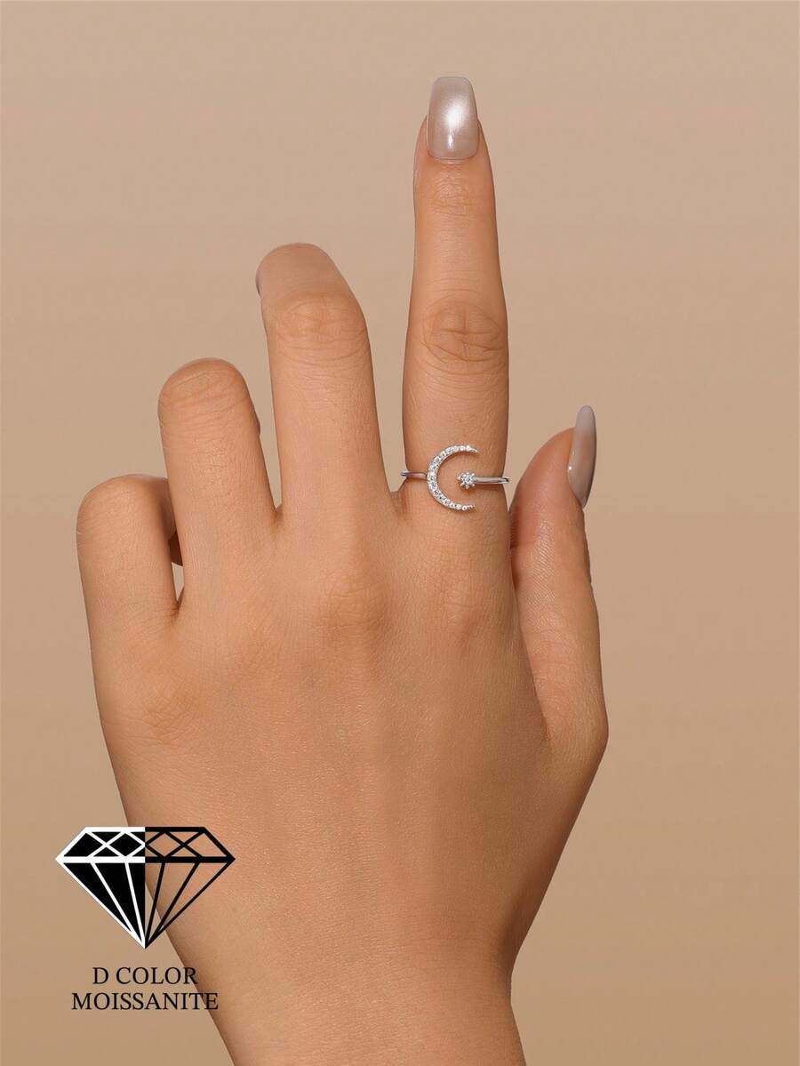 Adjustable Moissanite Star & Moon Design 925 Sterling Silver Ring, Elegant Women's Anniversary/Birthday/Valentine's Day Gift