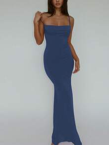 女士纯色开衩修身露背性感优雅连衣裙，适合春夏夜晚外出、派对、夜店、度假、海滩休闲穿着。