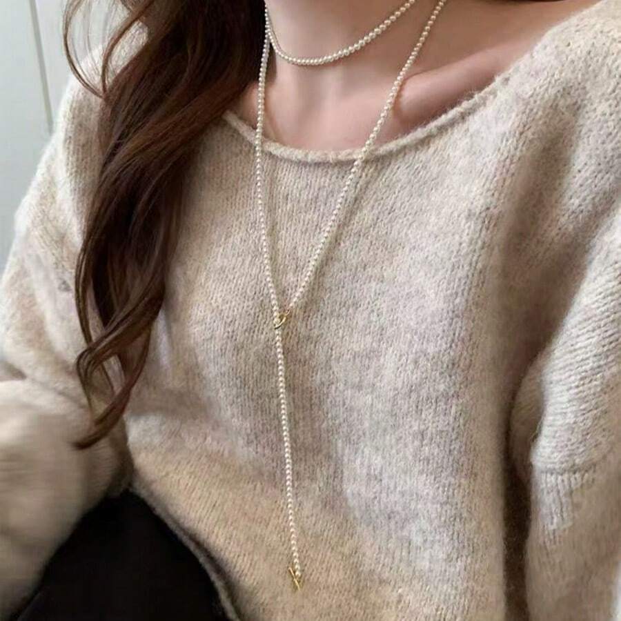 1pc French Casual Style Long Faux Pearl Sweater Chain, Luxurious Layered Pearl Sweater Chain, Suitable For Outerwear Styling, Parties And Events - Pearl - View 1