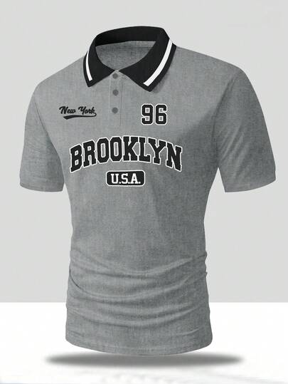 一件装男士夏季 Polo 衫，纽约美国印花装饰，黑白领口滚边，休闲运动街头风短袖上衣