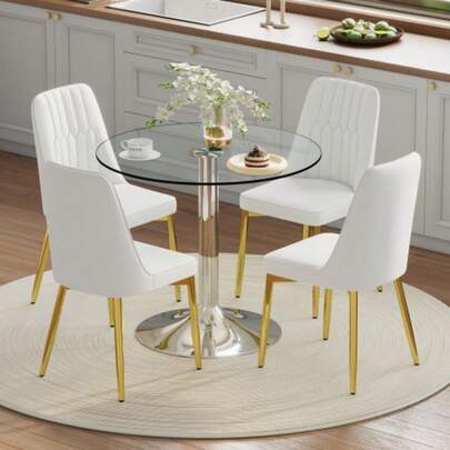 Dining Table Set. Modern Minimalist Dining Table Made Of Tempered Glass With A Diameter Of 85 Cm, Combined With 4 White PU Dining Chairs With Gold-Colored Support Legs. Suitable For Dining Rooms, Kitchens, Etc.