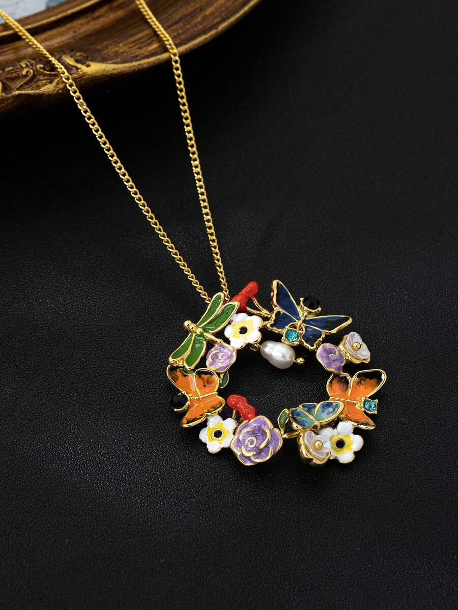 1件手绘滴油童话风格奢华花环吊坠项链，浪漫蝴蝶花园系列颈链 - 彩色 - 查看 1