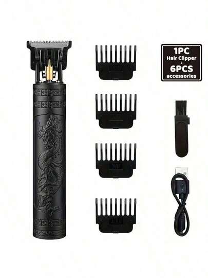 USB充电式多功能理发器，300mAh锂电池。小巧便捷，不锈钢刀片，刀片可水洗，配备4个修剪附件，纹理机身设计，底部隐藏式充电口，可精准修剪和造型，男女皆宜，适用于家庭和专业沙龙使用。