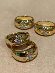 rundraw 2件套2026新款时尚几何彩色锆石复古铜色可调节戒指套装，送给女性的绝佳礼物，适合日常、约会、派对佩戴，是送给朋友、女友、爱人的最佳礼物。 - 金色 - 查看 6