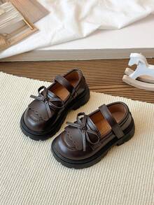 Girls' Flat Shoes With Bow Tie, British Style Leather Shoes - Brown - View 4