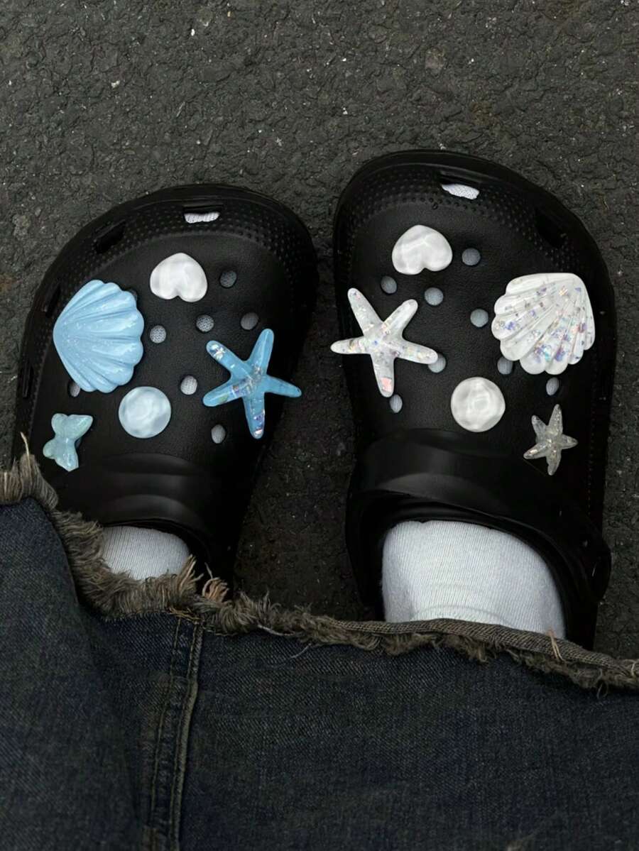 10pcs/Set Starfish, Shell, Heart, Butterfly DIY Shoe Charms, Suitable For Hollow Out Clogs, Beach Sandals, Flip Flops - Blue and White - View 1