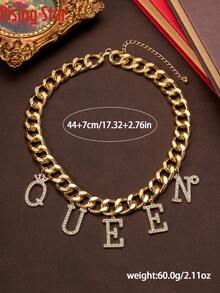 1pc Retro Exaggerated Thick Chain Letter Pendant Necklace, Fully Studded With Rhinestones, "QUEEN" Letter Choker Necklace, Party & Street Style Cuban Chain Jewelry - QUEEN Necklace - View 5