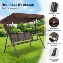 Columpio de Patio 3 Asientos para Adultos con Dosel Ajustable, Hamaca de Porche Impermeable de Textileno y Marco de Acero, para Jardín, Césped y Patio, Color Marrón - Marrón - Ver 3