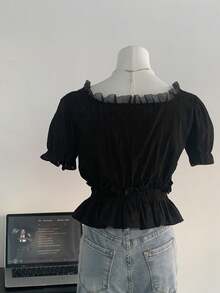 Blus Lengan Pendek Wanita Warna Polos dengan Hiasan Renda, Modis dan Serbaguna untuk Kencan/Perjalanan, Warna Hitam Musim Panas - Hitam - View 8