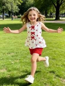 2件套少女时尚休闲撞色3D蝴蝶结水果印花无袖圆领荷叶边下摆套头衫和松紧腰短裤套装，适合日常、居家、户外、春夏穿着。 - 紅白色 - 查看 9