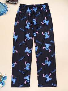 迪士尼女士针织图案印花圆领长袖上衣+松紧腰直筒裤睡衣套装，女士秋冬睡衣套装 - 黑色 - 查看 6