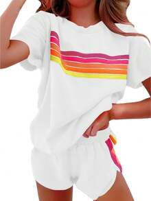 2 Piece Lounge Sets For Women Summer Rainbow Striped Tops Casual Shorts Color Blocked Suit Sweatshirts Set - 白色 - 查看 1