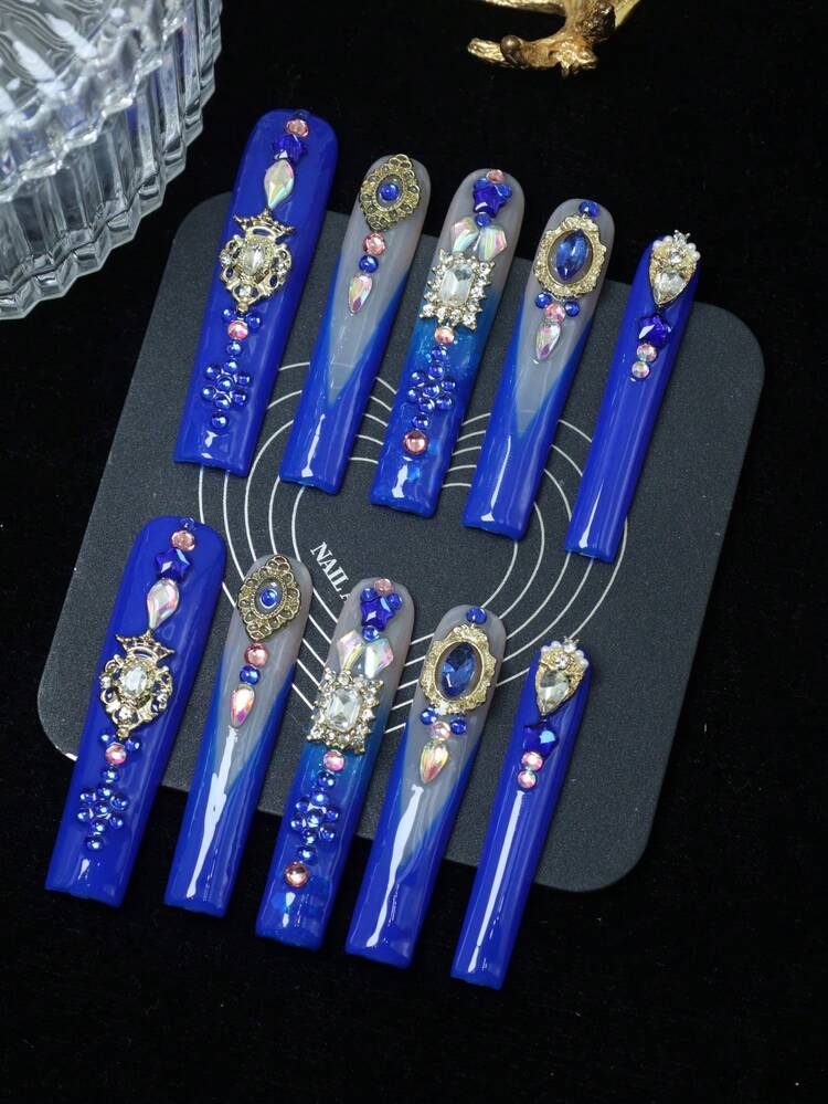 CrystalHola 10片手工假指甲，粘性指甲贴片，法式尖头指甲，亚克力指甲贴纸，美甲用品，超长棺材形指甲，蓝色钻石指甲，闪亮节日指甲，可爱指甲，Y2K风格，DIY，适合音乐节和派对，日常佩戴，送给女孩和女士的绝佳礼物，新年美甲手工按压式指甲 - 彩色 - 查看 1
