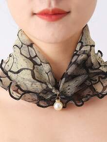 1pc Faux Pearl Pendant Scarf Necklace, Lace Collar Chiffon False Collar - Black and White - View 14