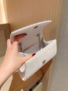 1 件经典褶皱设计缎面正式晚礼服手拿包，适合正式派对、宴会、婚礼、浪漫新娘场合，饰有闪亮水钻，配有链条肩带 - 白色 - 查看 9