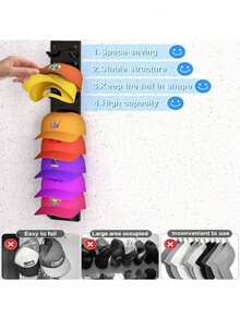 18er Baseballcap Halter, Wandmontierter Huthalter mit starkem Klebstoff, Mehrschichtiges Hutaufbewahrung- und Ausstellungsregal, geeignet für Kleiderschranktüren und Schlafzimmer (Schwarz) - Verschiedenfarbig - Übersicht 10