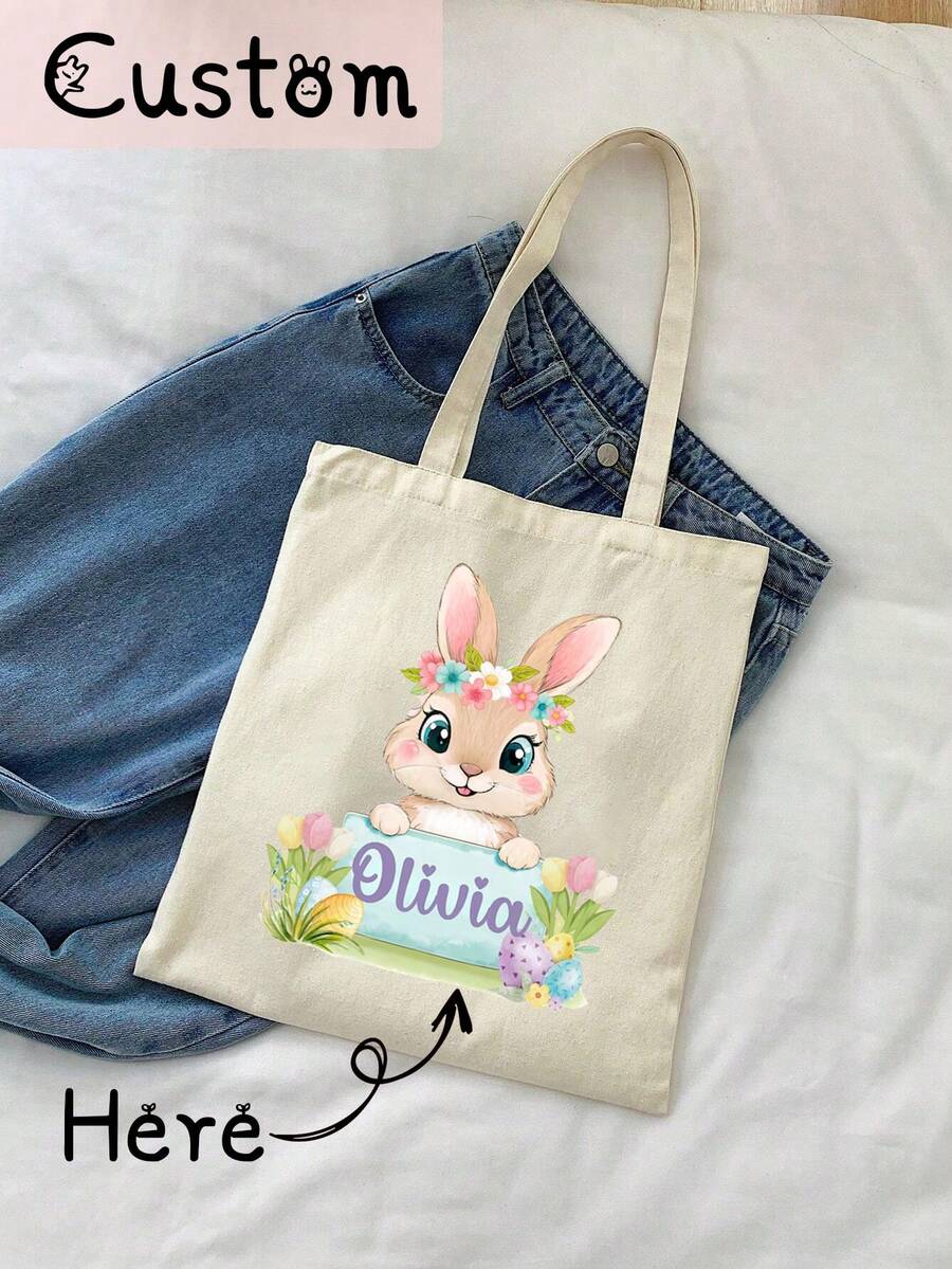 Customized Personalized Easter Tote Bags, With Names, For Easter Egg Hunting, Personalized Easter Gifts, Shoulder Tote Bags Printed With Easter Bunnies, Suitable For Easter Gifts, Etc. - Multicolor - View 1
