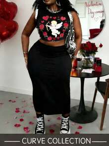 女士加大码弹力腰黑色长裙 | 2026春夏休闲半身裙 | 适合日常穿着和周末聚会的理想情人节穿搭 - 黑色 - 查看 1