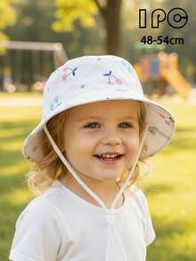 1pc Kids Cartoon Cherry Print Adjustable Windproof Bucket Hat, Sun Protection, Suitable For Spring/Summer, Great For Vacation Gifts - Cherry - View 14