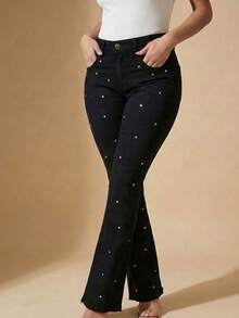 pthirillo Women's Black Flare Jeans With High-Waisted Butt-Lifting Effect And Rhinestone Detail. - 水鑽圓點 - 查看 7