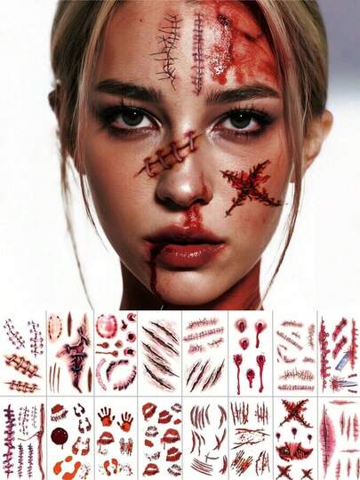 16 Sheets Zombie Temporary Tattoos Fake Scar Realistic Stitches Wound Sticker Scratch Fake Blood Wounds Bite Mark Tattoos Waterproof For Karneval Party Prank Cosplay Costume Fasching Accessories