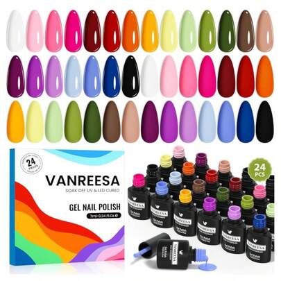 VANREESA 24 Pcs Gel Nail Polish Set, 21 Colors Gel Polish With Base Coat Glossy &Amp; Matte Top Coat Pink Red Yellow Orange Green Brown Blue Purple Gel Polish Kit Nail Kit Gifts For Women Girls