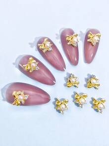 10pcs Gold & Silver Faux Pearl Bow Rhinestone Nail Art Decorations, 3D Metal Crystal Glass Nail Jewelry DIY Accessories For Women Nails Nail Supplies - Multicolor - View 10