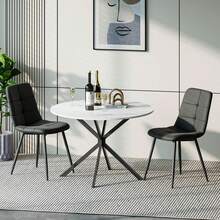 Dining Table And Chairs Set Of 2, White Folding Round Dining Table With 2 Black Linen Fabric Chairs For Dining Room, Kitchen, Living Room - White Marble Table + 2 Black Linen Chairs - View 12