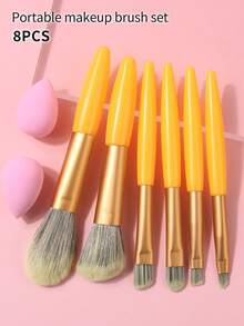 8件套化妆刷套装 - 粉底刷、眼影刷、腮红刷、修容刷、眉刷、迷你化妆海绵、新手化妆工具 - 黃色 - 查看 3