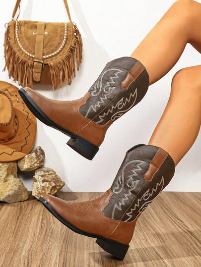 Women's Brown Western Cowboy Boots New European And American Western Style Features Traditional Embroidery With Square Toe And Low Heel. The Soles Of The Boots Are Non-Slip And Wear-Resistant, And They Are Not Tired. They Are Suitable For Wearing Ranch Culture, Rodeo Parties And Street Fashion In Daily Festivals.